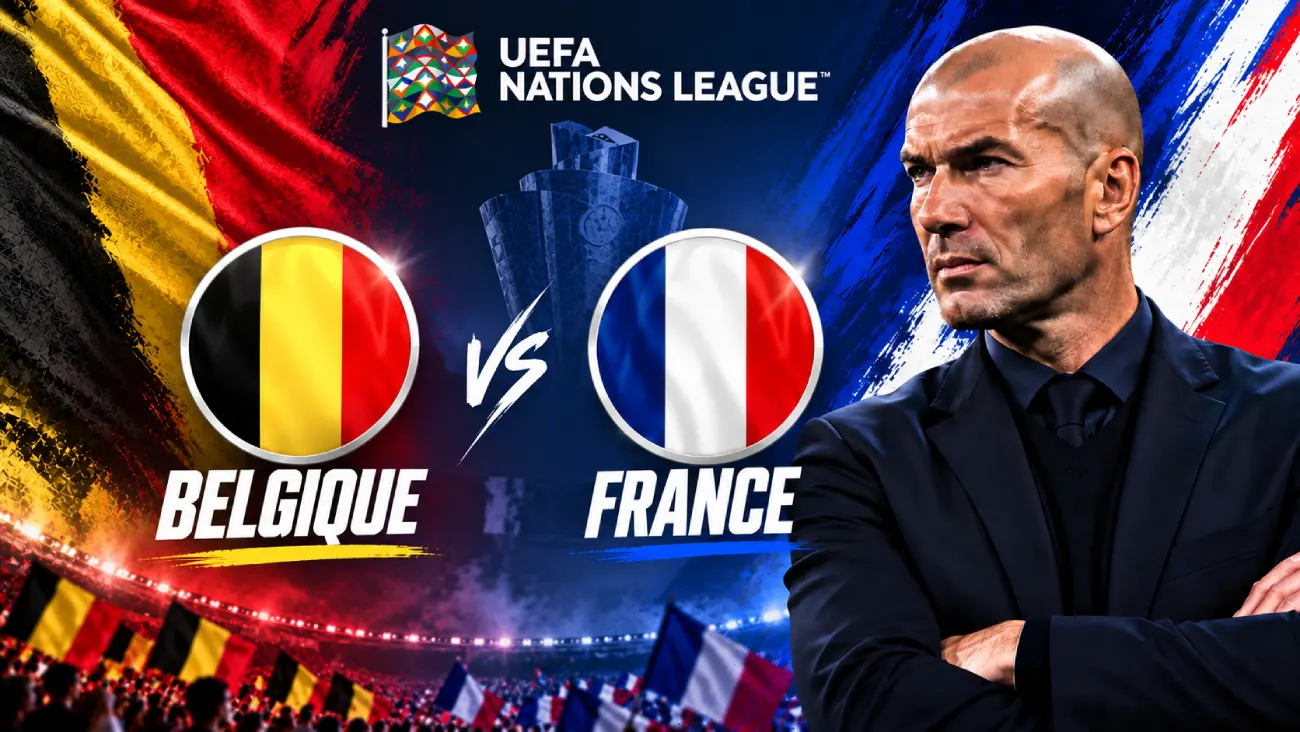 Promotional image accompanying Molotov coverage of the UEFA Nations League match between Belgium and France.